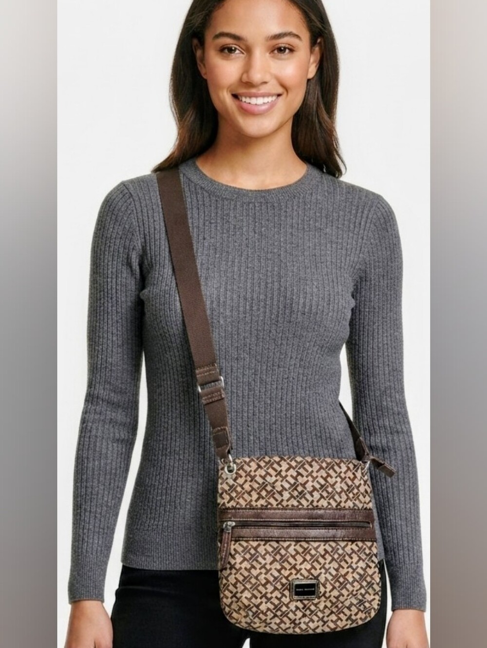 Tommy Hilfiger Brown Monogram Jacquard Crossbody Bag Purse